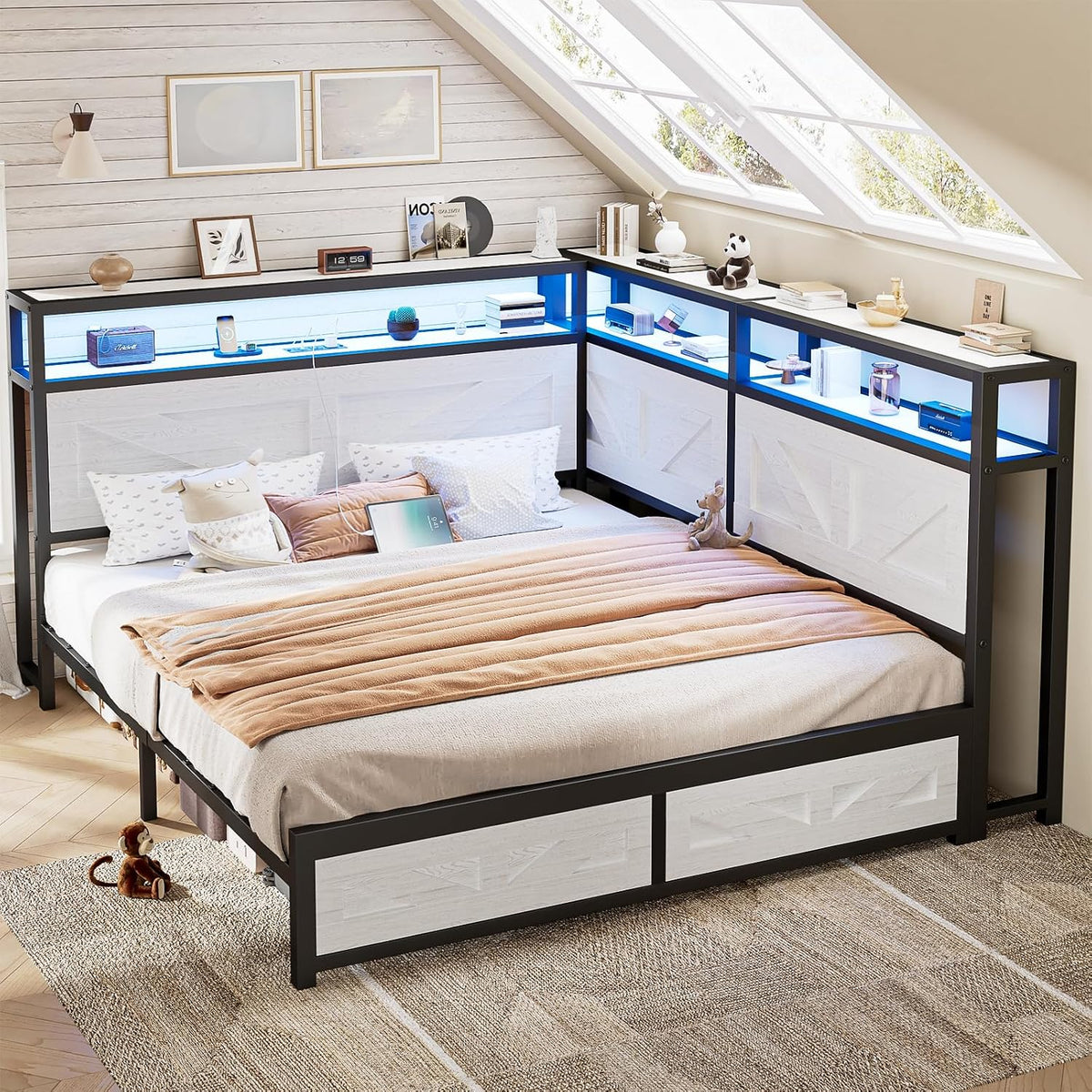 CIKUNASI Corner Queen Size Bed Frame with Headboard and Storage Farmhouse Daybed Frame with LED Lights and Charging Station Metal Platform Bed Frame Queen Size for Kids Corner Bed