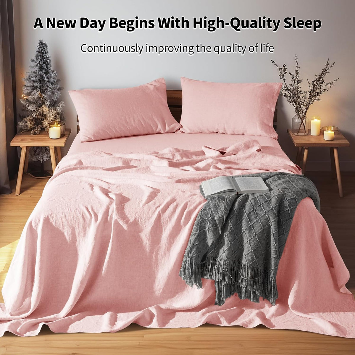 LBRO2M 100% Pure Linen Sheet Set Deep Pocket Up to 16' Bed Sheets Sets, Natural Flax Beddings Soft, Breathable, Comfortable for All Seasons 4 Pcs Sheet Set Queen Size, Blush Pink
