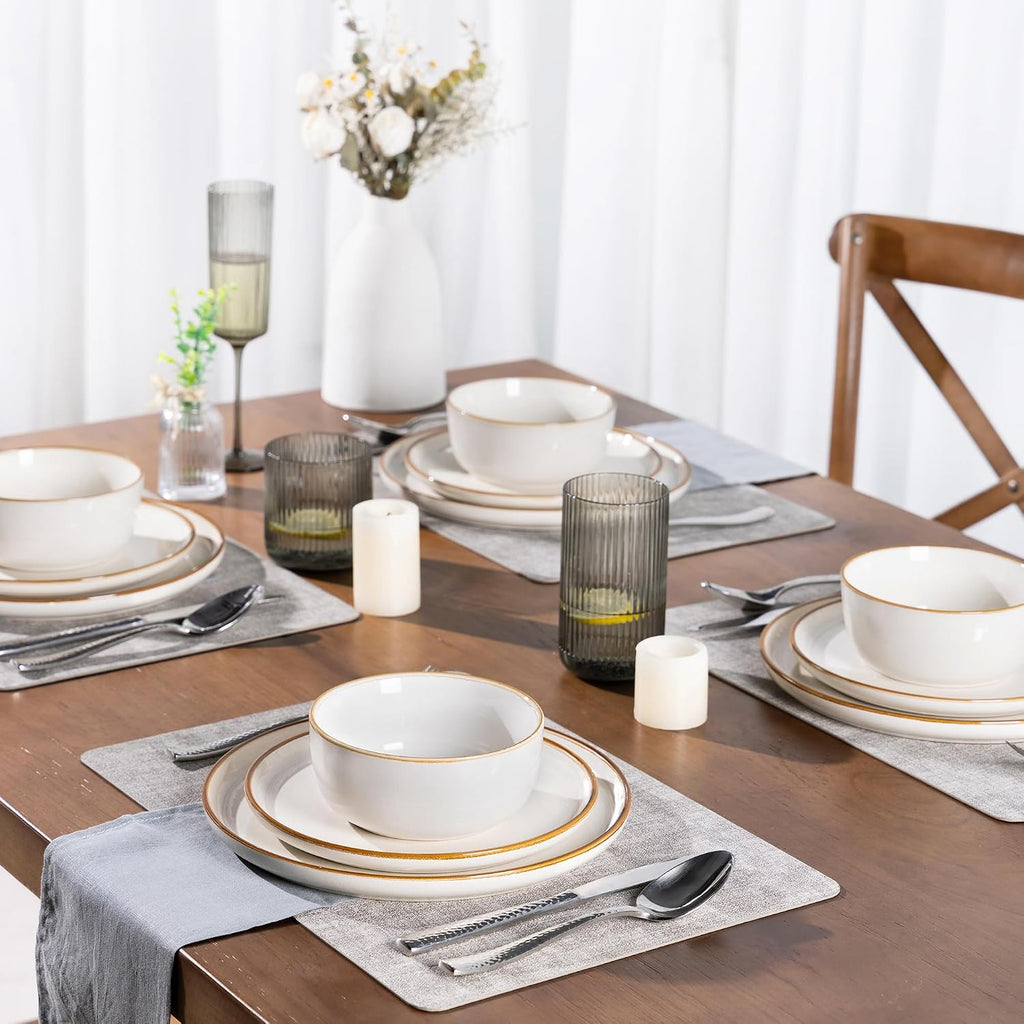 GBHOME Ceramic Dinnerware Sets for 8, 24 Pieces Stoneware Plates and Bowls Sets, Scratch Resistant Dishes, Dishwasher & Microwave Safe, Reactive Glaze-Pearl White