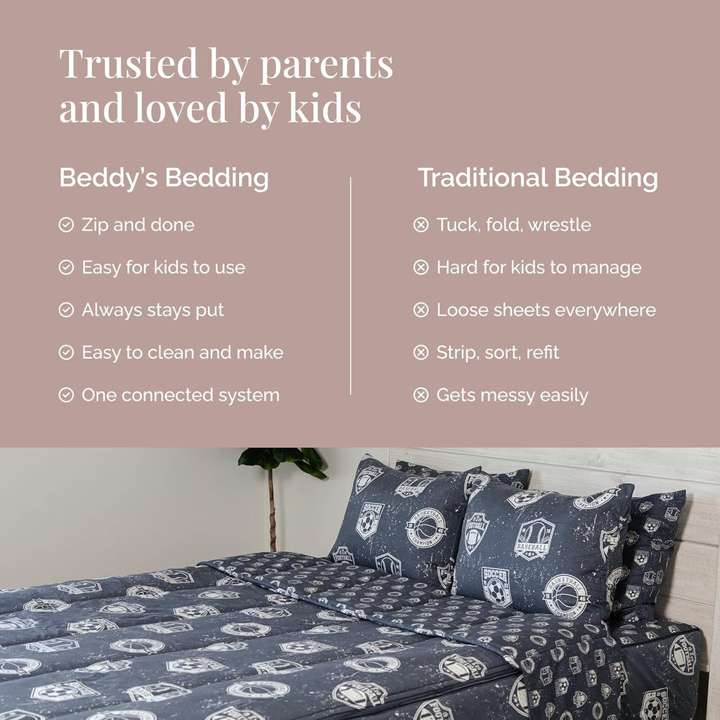 Beddy's Sports Theme Durable Zipper Bedding for Kids - Bed in a Bag - Blue Sheets with Baseball, Football, Basketball, Soccer Comforter - Includes Pillowcase & Sham - Easy to Make & Wash - Queen