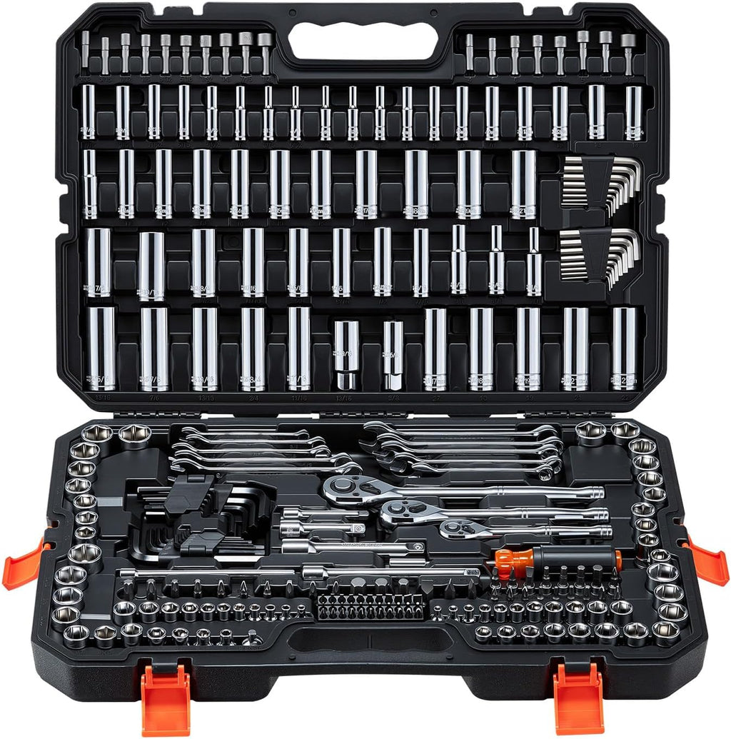 VEVOR Mechanics Tool Set, 253-Piece Mechanic Tool Kit, 1/4 in, 3/8 in, and 1/2 in Drive, SAE and Metric Socket Set, Wrenches, Screwdriver Bits, Accessories, and Storage Case, for Automotive Repair