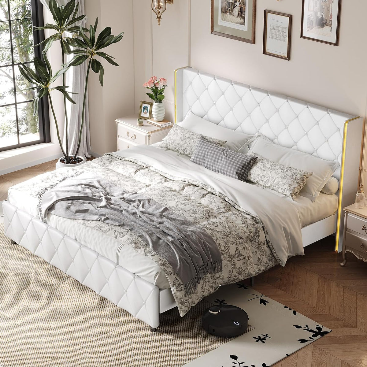 King Size Bed Frame with Headboard, Pu Leather Upholstered Bed Frame King with Diamond Tufted Wingback Headboard, 1000lbs Heavy Duty Support, Gold Metal Edge Accents, No Box Spring Needed, White