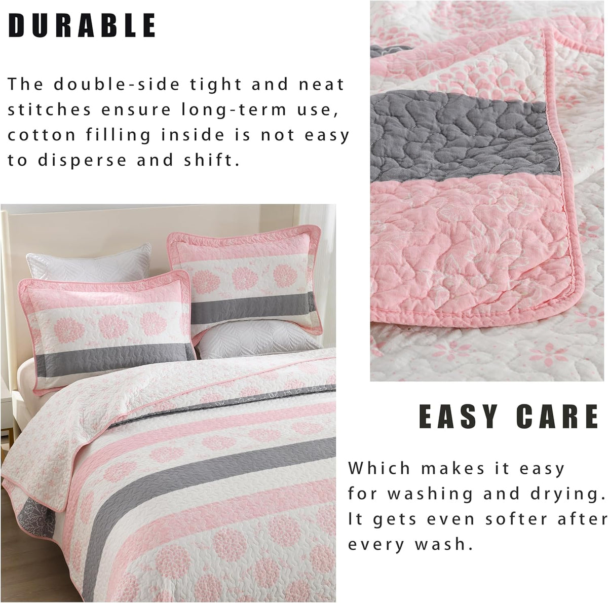 Homzard Floral Comforter King Size,Cotton King Size Quilt Sets,Pink White Grey Comforter Set,Farmhouse Striped Bedding Set,Lightweight Reversible 3 Piece Bedspread,All Season