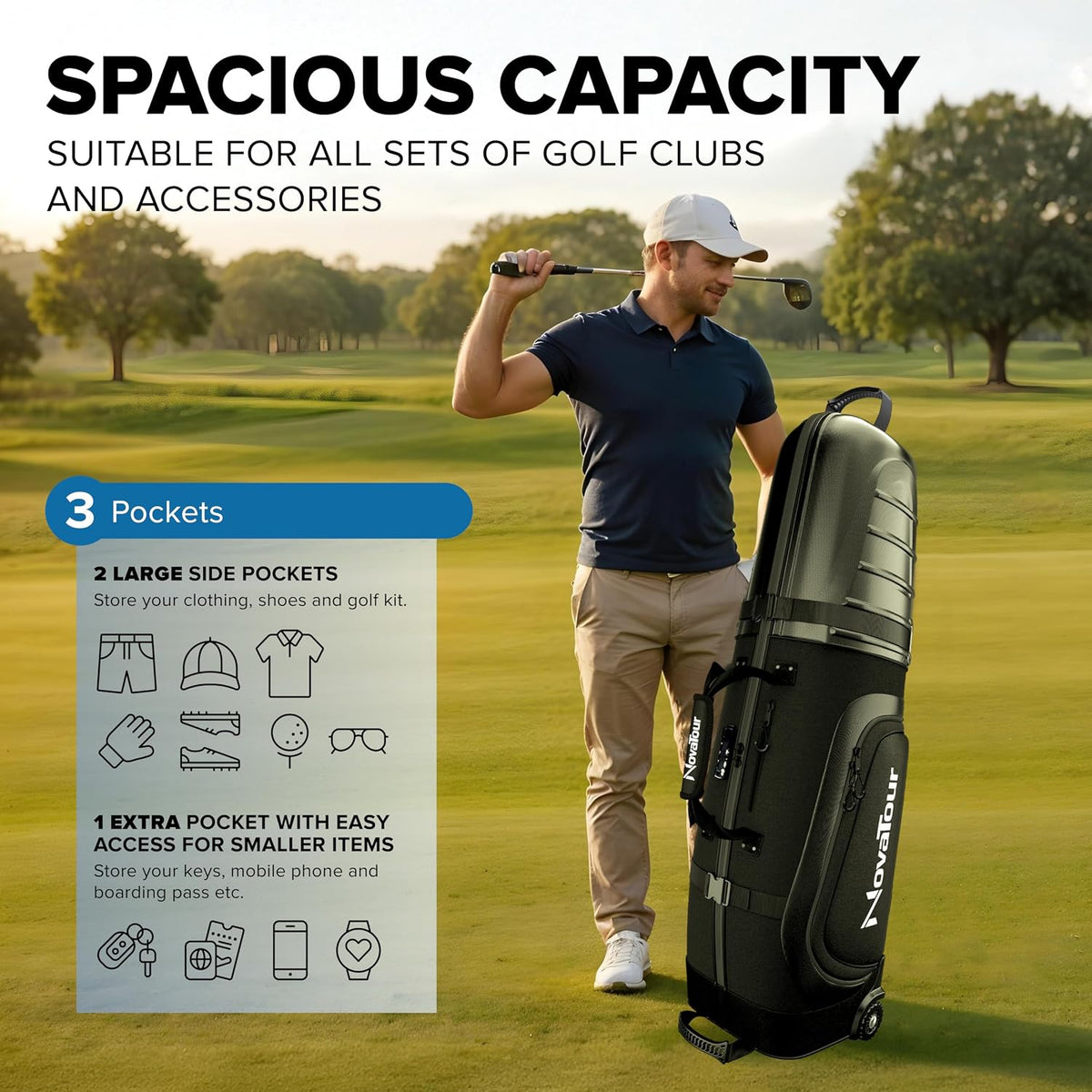 Golf Travel Bag for Airlines: Hard Case Top, Waterproof Zippers, 1680D Oxford Fabric, Built-in TSA Lock, Oversized Tank Wheels, Lightweight – Maximum Club Protection