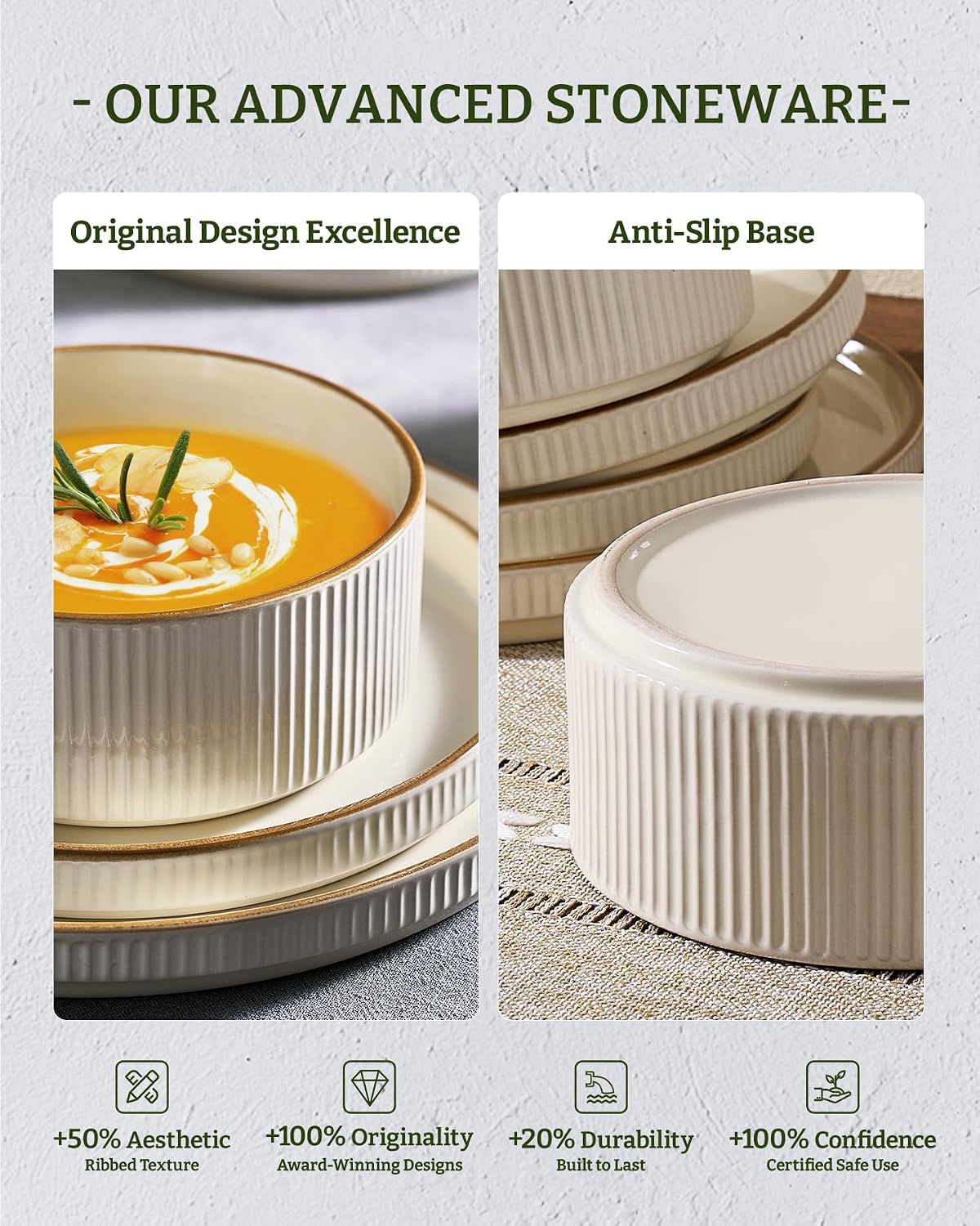Famiware Star 16-Piece Stoneware Dinnerware Set with Trim, Service for 4 -Ceramic Mugs, Plates and Bowls, Modern Rustic Dishes with High Edge, Chip/Scratch Resistant, Microwave/Dishwasher Safe, Cream