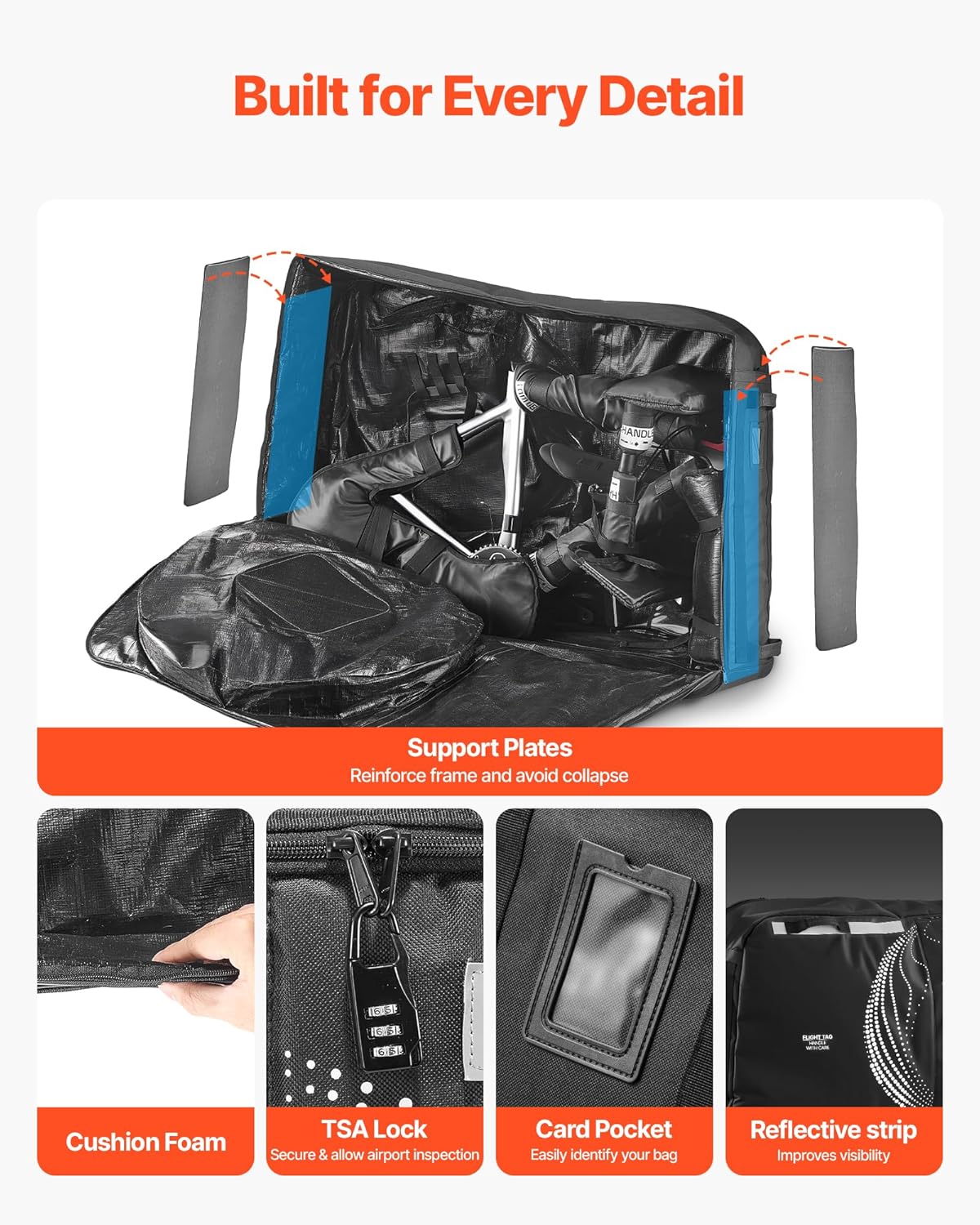 VEVOR Bike Travel Bag, Transport Universal Bicycle Storage Case Bag with TSA Lock, Support Plates, Protection and Fork Mount Stabilisation, Bicycle Case Max. Wheelbase 51 in for Airplane, Outdoor Use