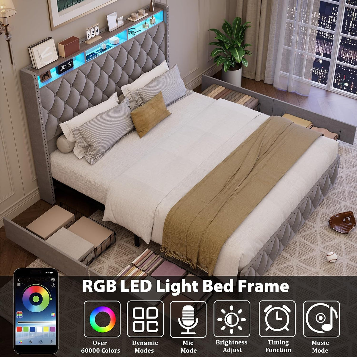 IDEALHOUSE King Size Bed Frame with 50.8' Tall Headboard and 4 Storage Drawers, Platform Velvet Upholstered Bed Frame with Charging Station, Led Lights, No Box Spring Needed, Easy Assembly, Grey