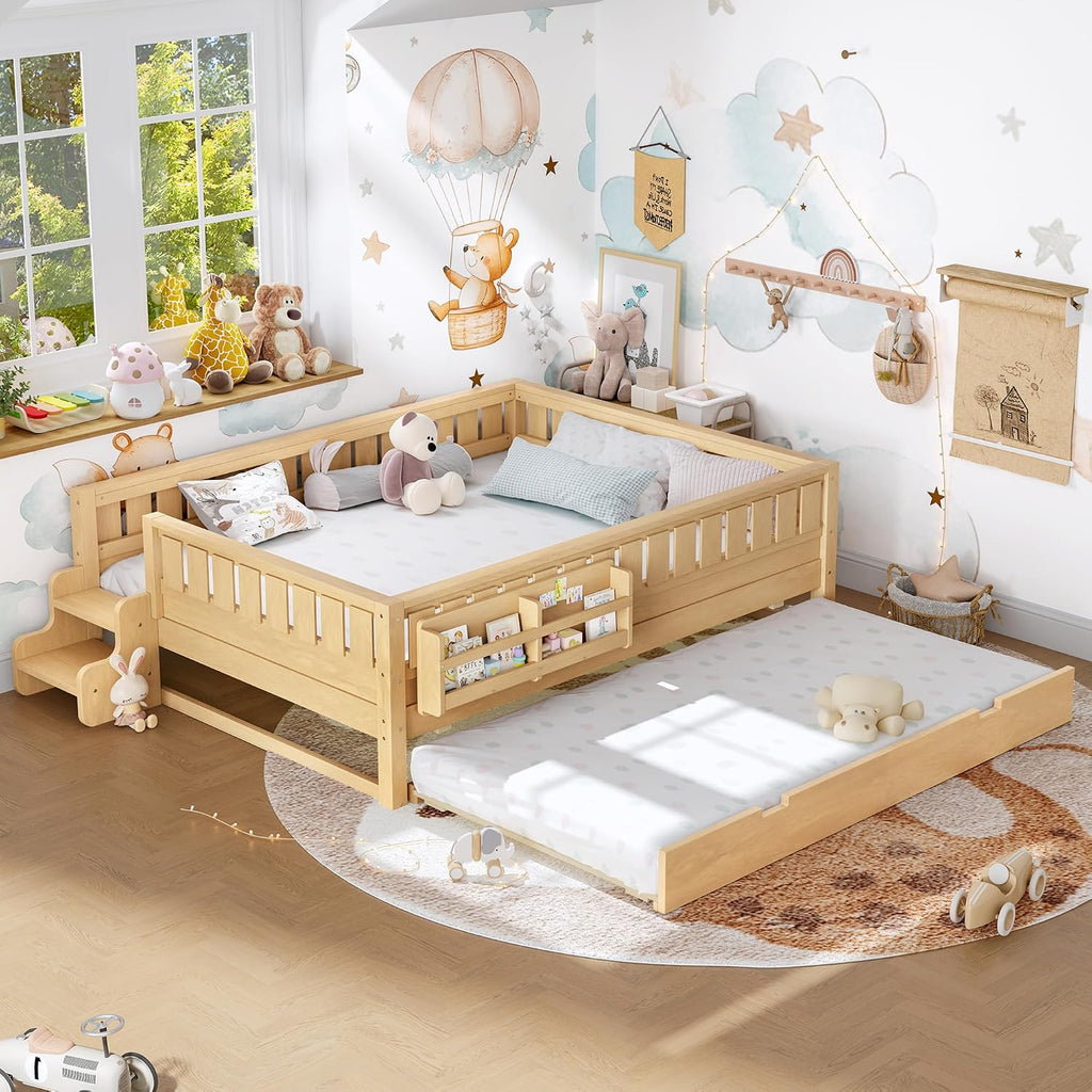 Bellemave Queen Bed with Trundle and Stairs, Queen Size Platform Bed Frame with Fence and Bookshelf, Easy Assemble Beds for Kids, Girls, Boys, Light Natural