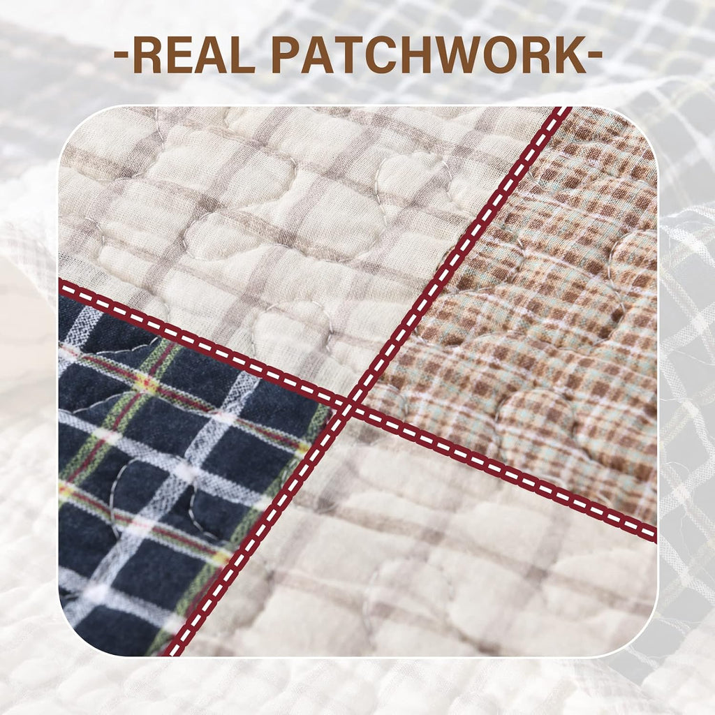 SahSahCasa Quilt Queen Size, Queen Quilt Set, 100% Cotton Queen Quilted Bedding Set Bedspread, Patchwork Farmhouse Quilts, Plaid Lightweight Rustic Comforter for Queen Bed, Beige, for All Season