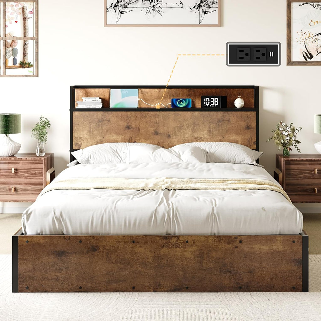 AMERLIFE Full Size Lift Up Storage Bed Frame, Wooden Platform Bed Frame with Lifting Storage & Charging Station, No Spring Box Needed/Noise Free, Rustic Brown