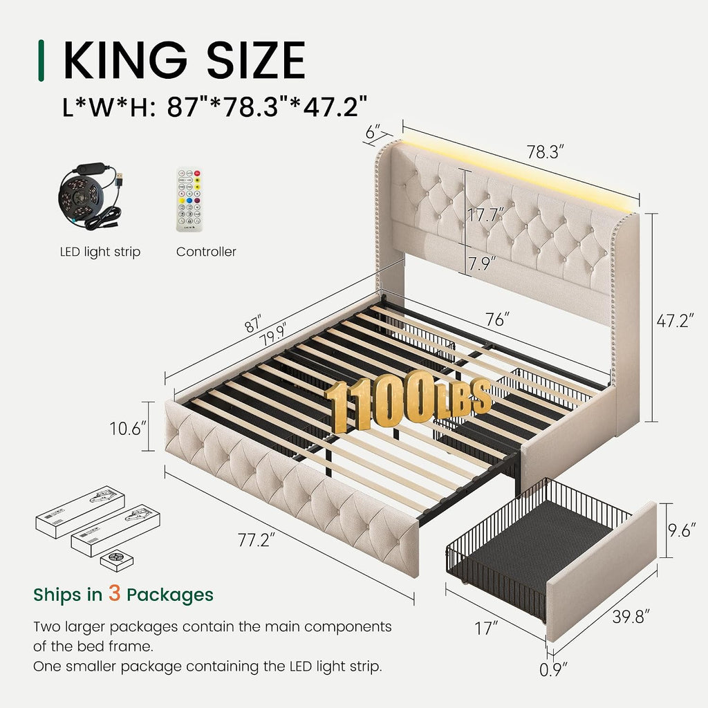 LARMACE King Size Bed Frame with LED Lights and 4 Storage Drawers Linen Upholstered Platform Bed Frame with 47.2' Tall Tufted Headboard Wingback, No Box Spring Needed, Easy to Assemble, Beige