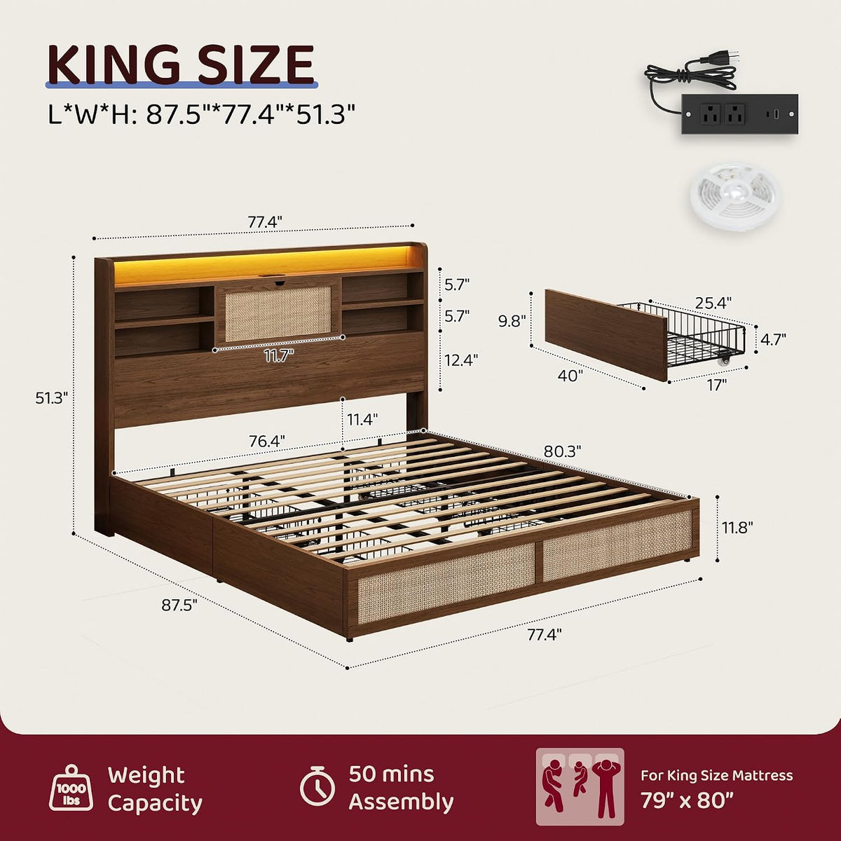 BRELTAM King Size Rattan Bed Frame with 4 Storage Drawers and Hidden Storage Headboard Wooden Platform Bed Frame with LED Lights and Charging Station, No Box Spring Needed, Easy Assembly, Brown