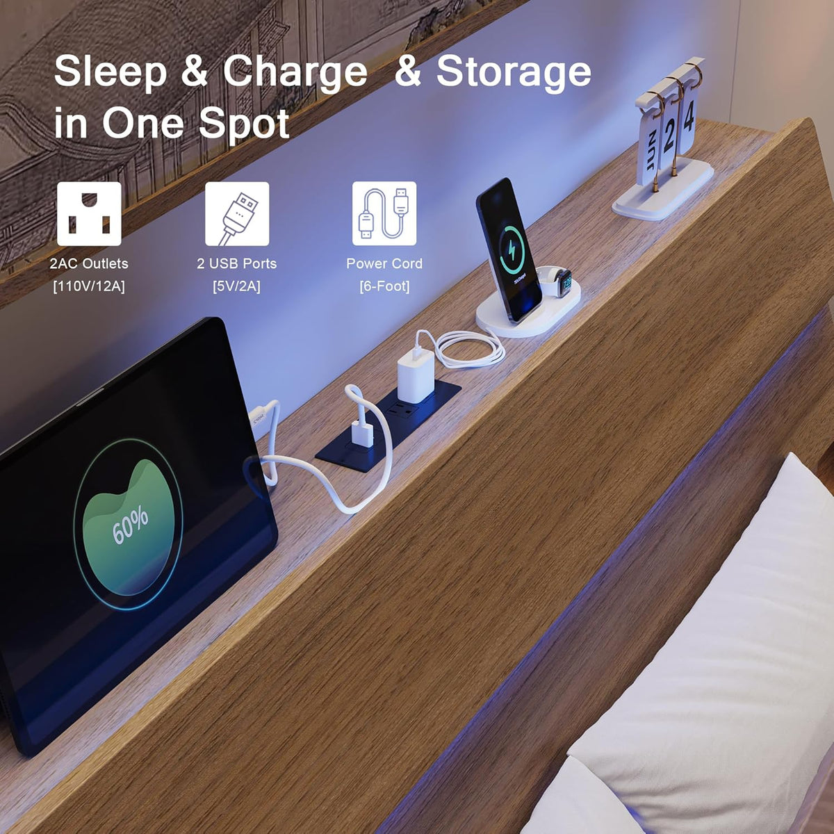 Einhomn King Size Bed Frame with LED Headboard, Floating Design with Charging Station USB Type-C and V-Shaped Support, Metal Frame, No Box Spring Needed, Noise Free, Easy Assembly, Walnut