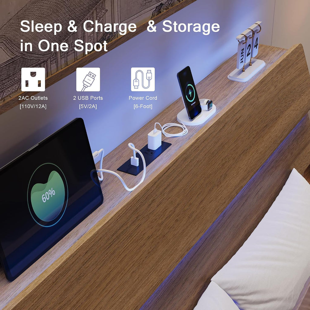 Einhomn Bed Frame Queen Size with Charging Station, Led Bed Frame with Wood Storage Headboard, Heavy Duty Metal Slats, No Box Spring Needed, Noise Free, Easy Assembly, Walnut