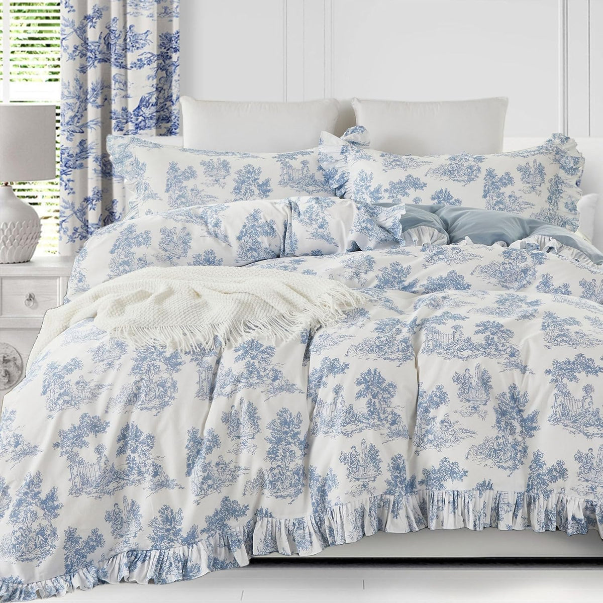Brandream French Toile Duvet Cover Queen Size 100% Cotton Bedding Set Pastoral Toile Cottagecore Grandmillennial Tapestry Pattern Garden Floral Blossom Tree Delicate Ruffle Fringe Design, Blue