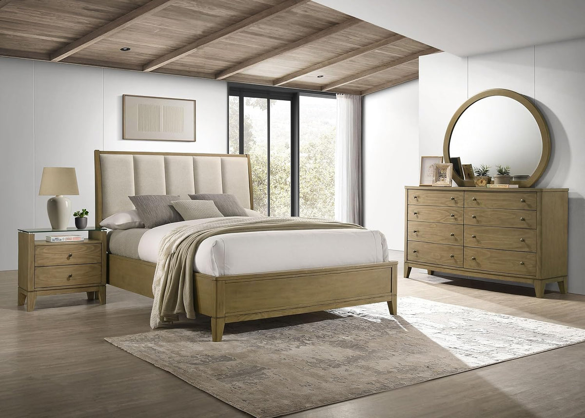 Coaster Home Furnishings Granada Transitional 4-Piece Bedroom Set Fabric Upholstered Eastern King Size Panel Bed Frame 53-inch Headboard Natural Pine 224921KE-S4