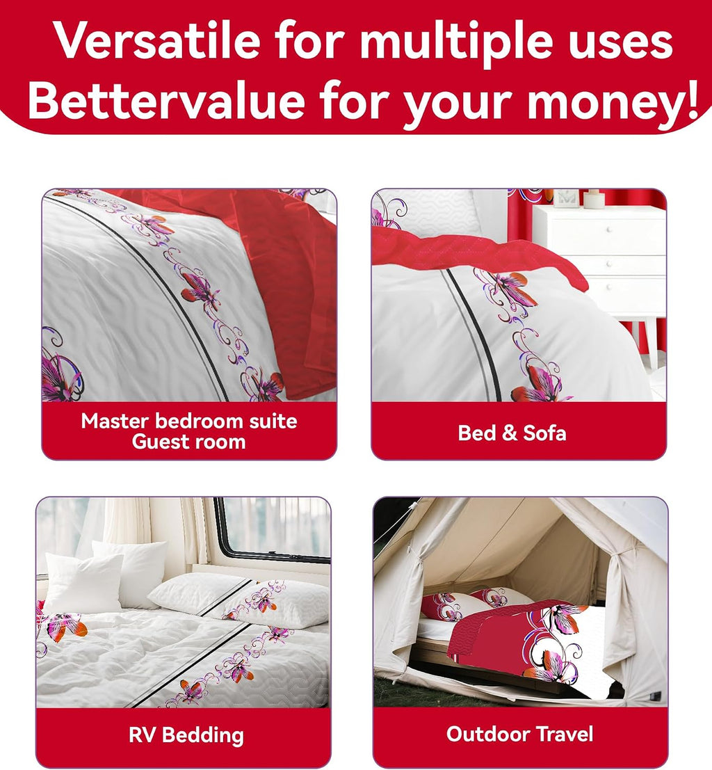 9 Pcs Cal King Bed in a Bag with Curtains | Red Boho Butterfly Bedspread, Pillowcases, Print & Solid Curtains | Microfiber, Moisture-Wicking | Bedspread and Curtain Sets | RV & Outdoor Ready