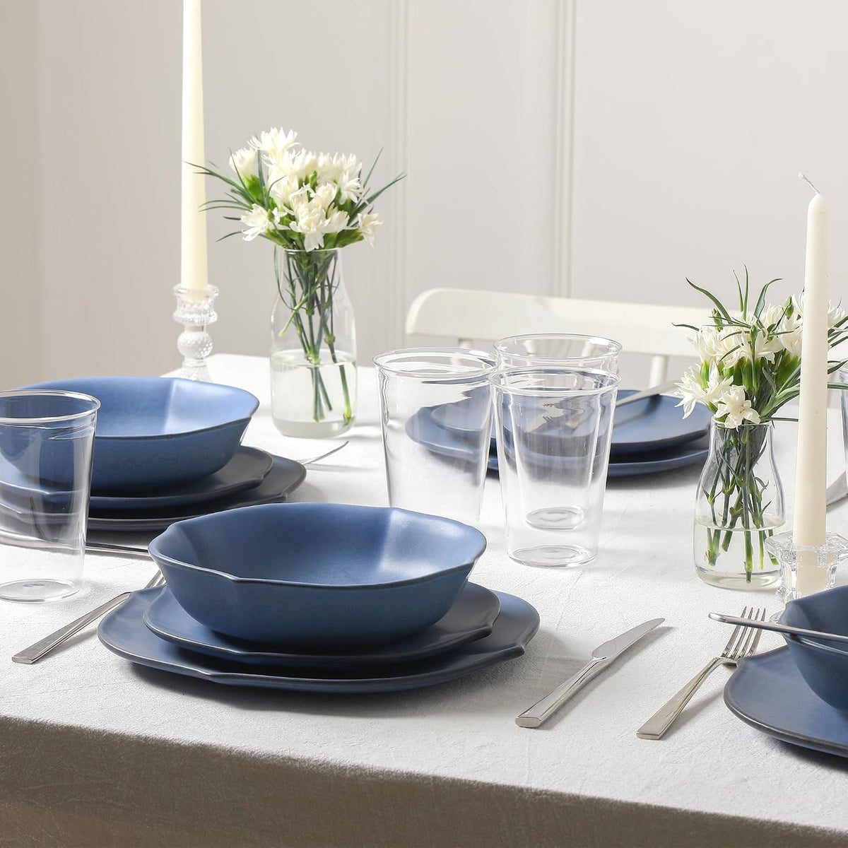Stone Lain Baskerville 32-Piece Dinnerware Set Stoneware, Borosilicate Glass, Blue