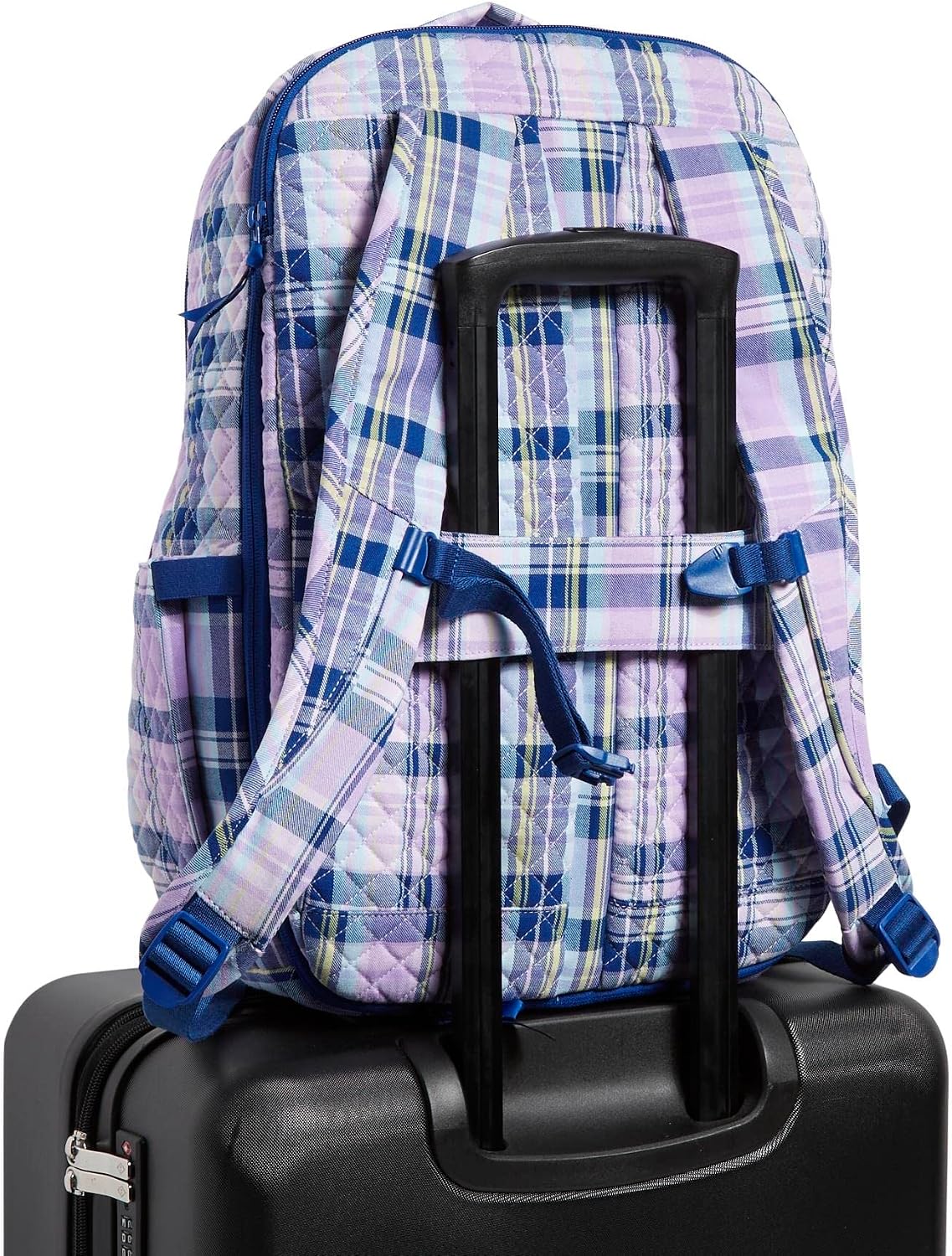 Vera Bradley Women's Cotton Large Travel Backpack Travel Bag, Amethyst Plaid - Recycled Cotton, One Size