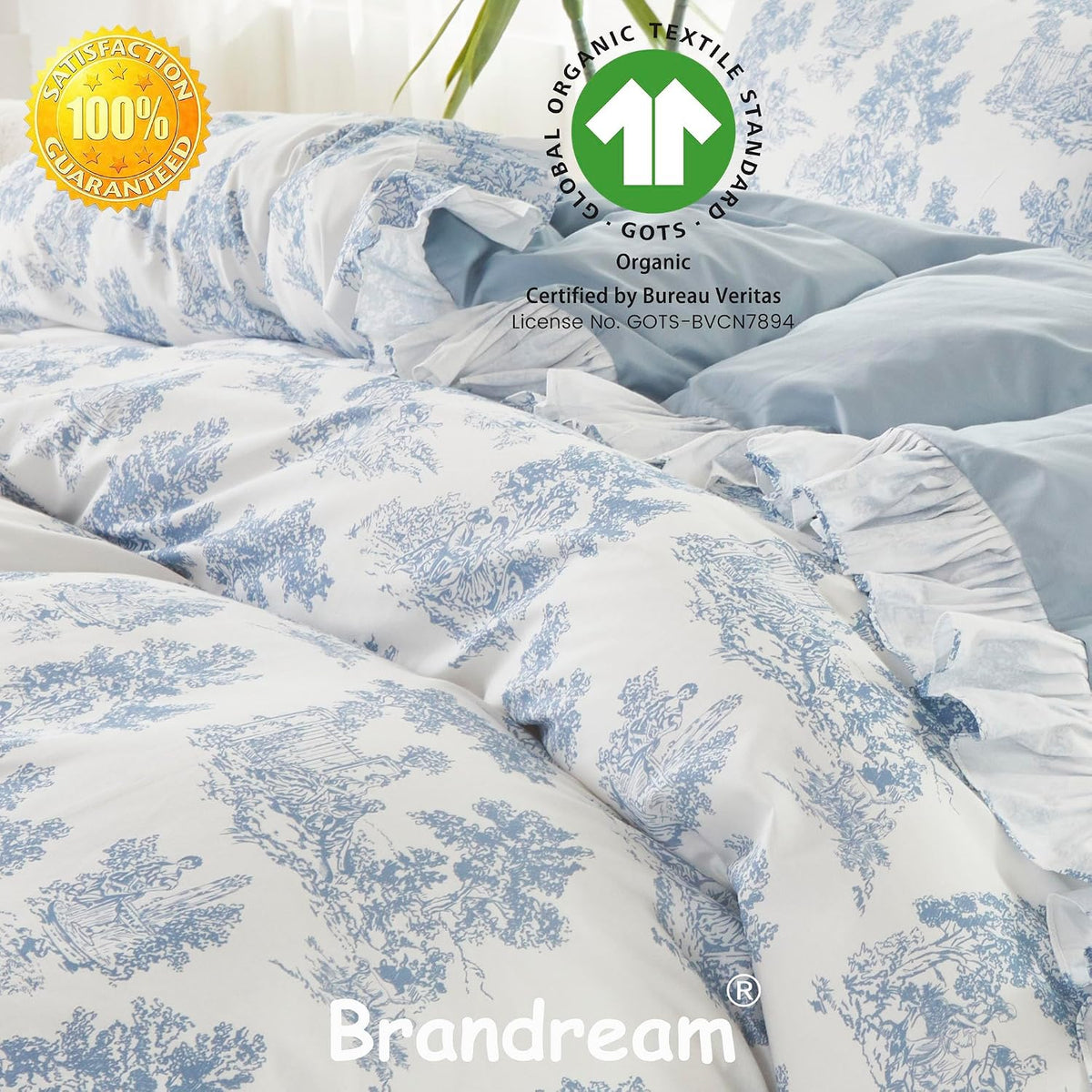 Brandream French Toile Duvet Cover Queen Size 100% Cotton Bedding Set Pastoral Toile Cottagecore Grandmillennial Tapestry Pattern Garden Floral Blossom Tree Delicate Ruffle Fringe Design, Blue