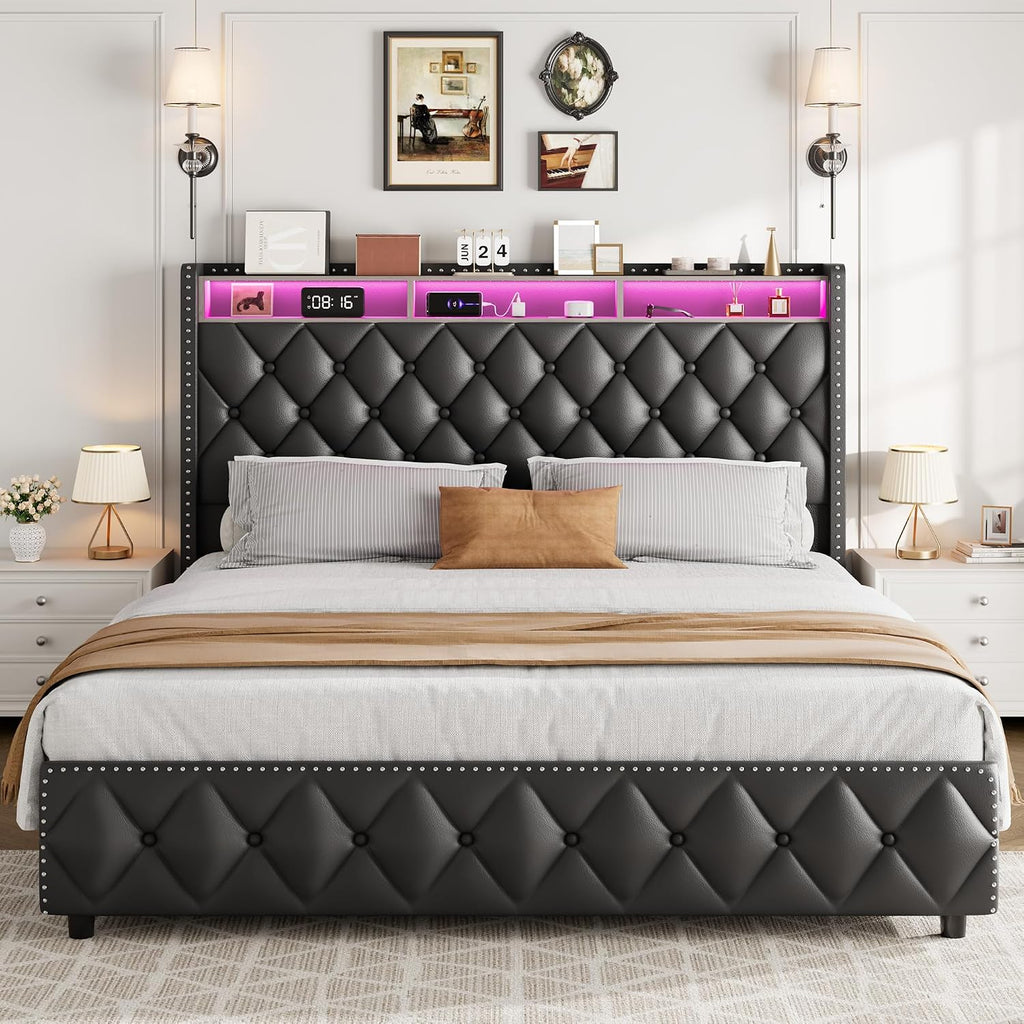 IDEALHOUSE Queen Bed Frame with 50.8' Tall Headboard and 4 Storage Drawers, Platform Leather Upholstered Bed Frame with Charging Station, Led Lights, No Box Spring Needed, Easy Assembly, Black