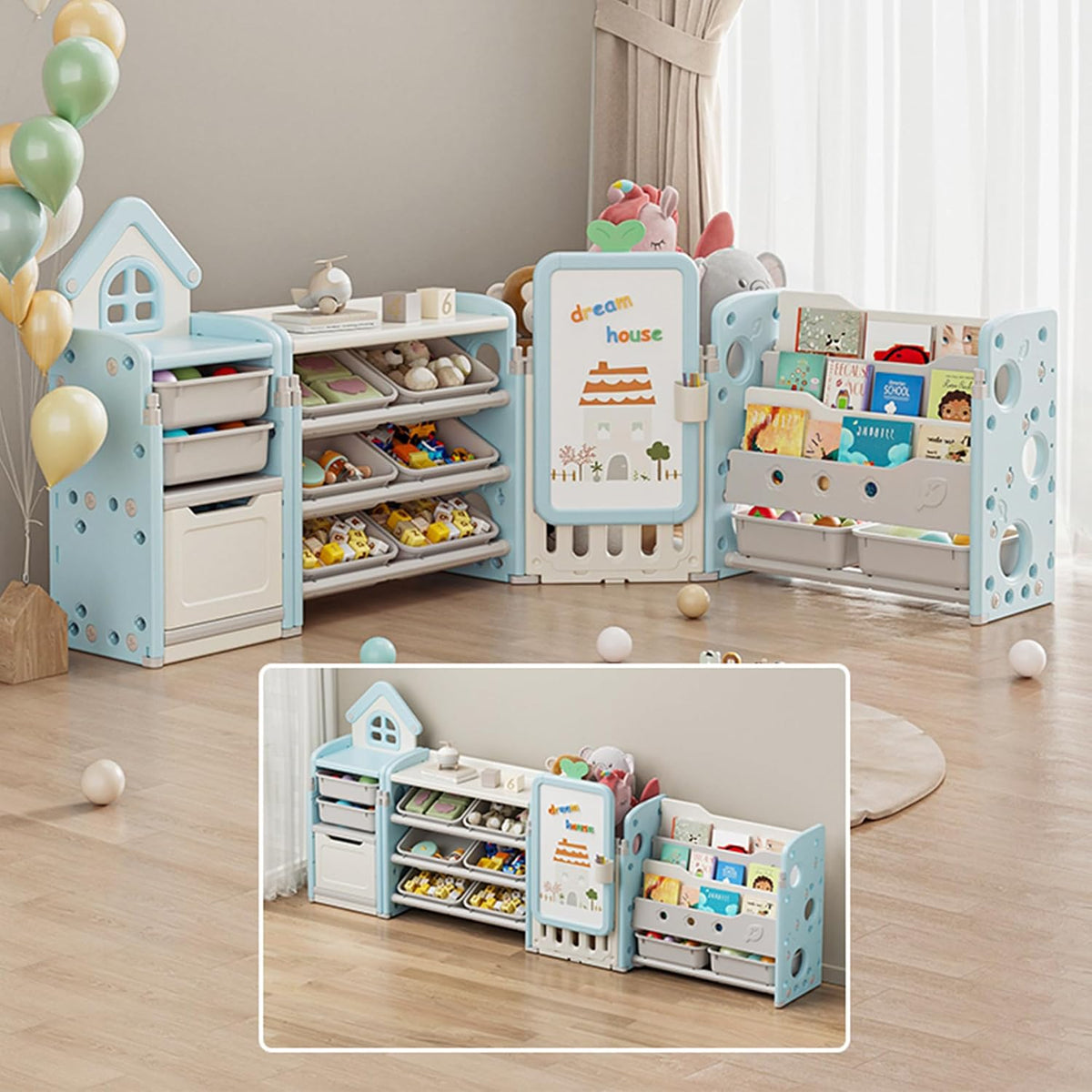 DEYGIA Foldable Kid Toy Storage Organizer with 10 Removable Bins and 3-Tier Bookshelf, 4 in 1 Multifunctional Large Toy Organizer with Drawing Board for Kid Bedroom Playroom Living Room, Light Blue