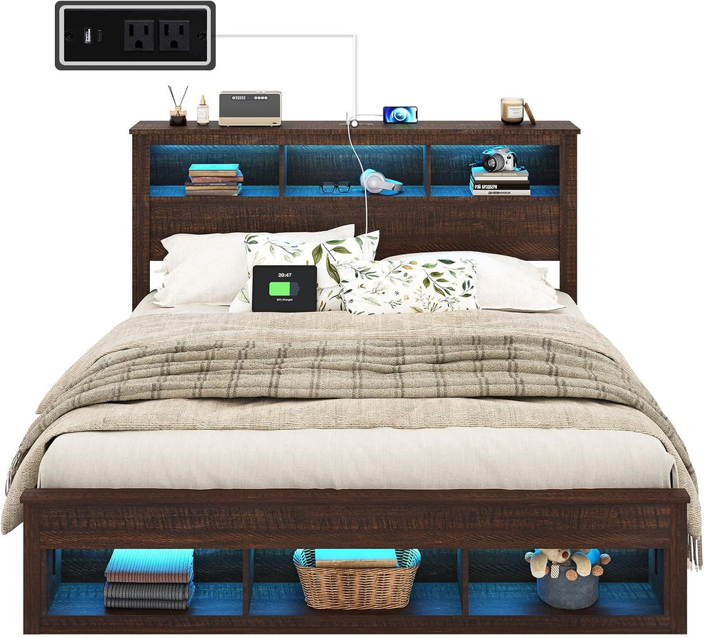 Albott Farmhouse Full Size Bed Frame with Storage/Bookcase Headboard & Footboard, Wood Platform Bed with LED Lights/Charging Station, Heavy-Duty Metal Support/No Box Spring Needed/Noise-Free, Brown
