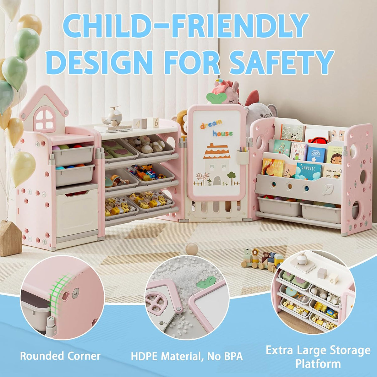 DEYGIA Foldable Kids Toy Storage Organizer with 10 Removable Bins and 3-Tier Bookshelf, 4 in 1 Multifunctional Large Toy Organizer with Drawing Board for Kid Bedroom Playroom Living Room, Light Pink