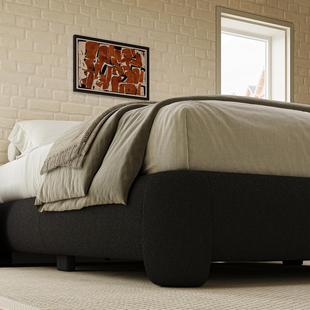 Cloud Platform Bed Frame Queen Size, Soft Boucle Bed Frame with Round Corner, Upholstered Queen Bed Frame with Heavy Duty Wood Slat, No Box Spring Needed, Easy Assembly, Black