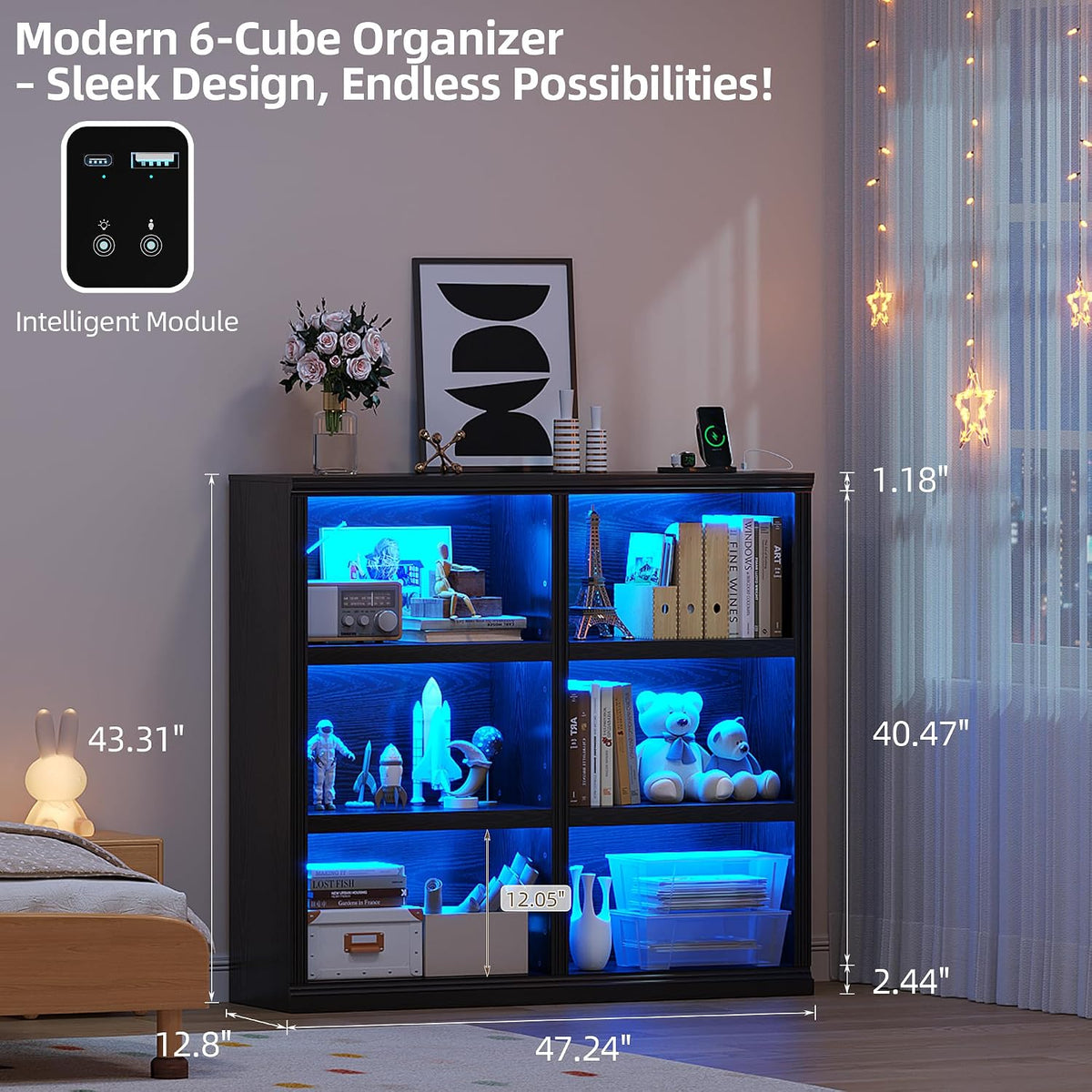 6-Cube LED Bookshelf with Motion Sensor Lights - USB Type-C Charging Module - Modern Cube Organizer Display Shelf 47.24 W x 43.31 H for Bedroom Living Room Home Office Gaming Room - Black