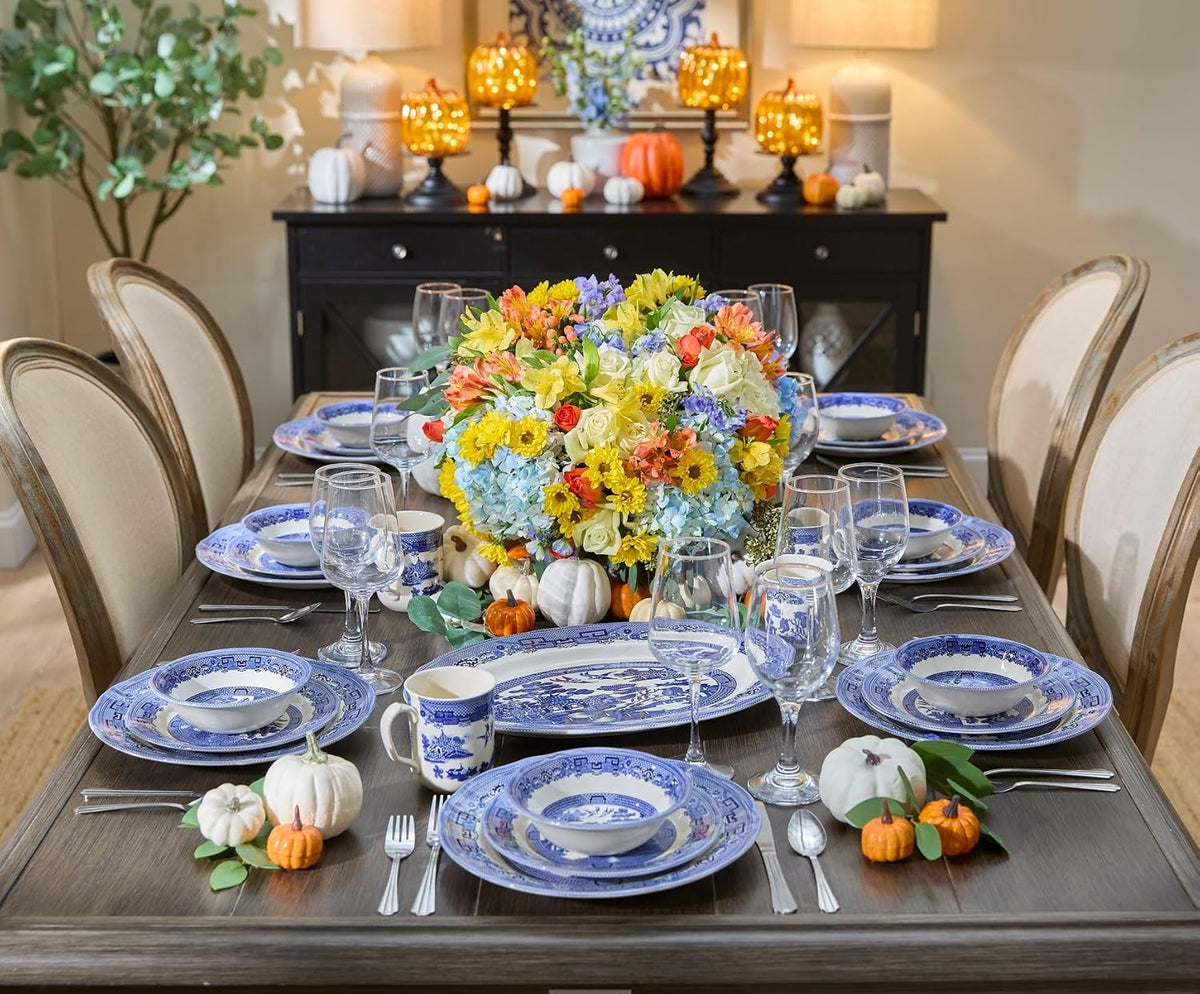 BrylaneHome 16 Piece Blue Willow Dinnerware Set (Service for 4), Includes Dinner & Salad or Dessert Plates, Bowls, Mugs, Elegant Traditional Pattern - Blue