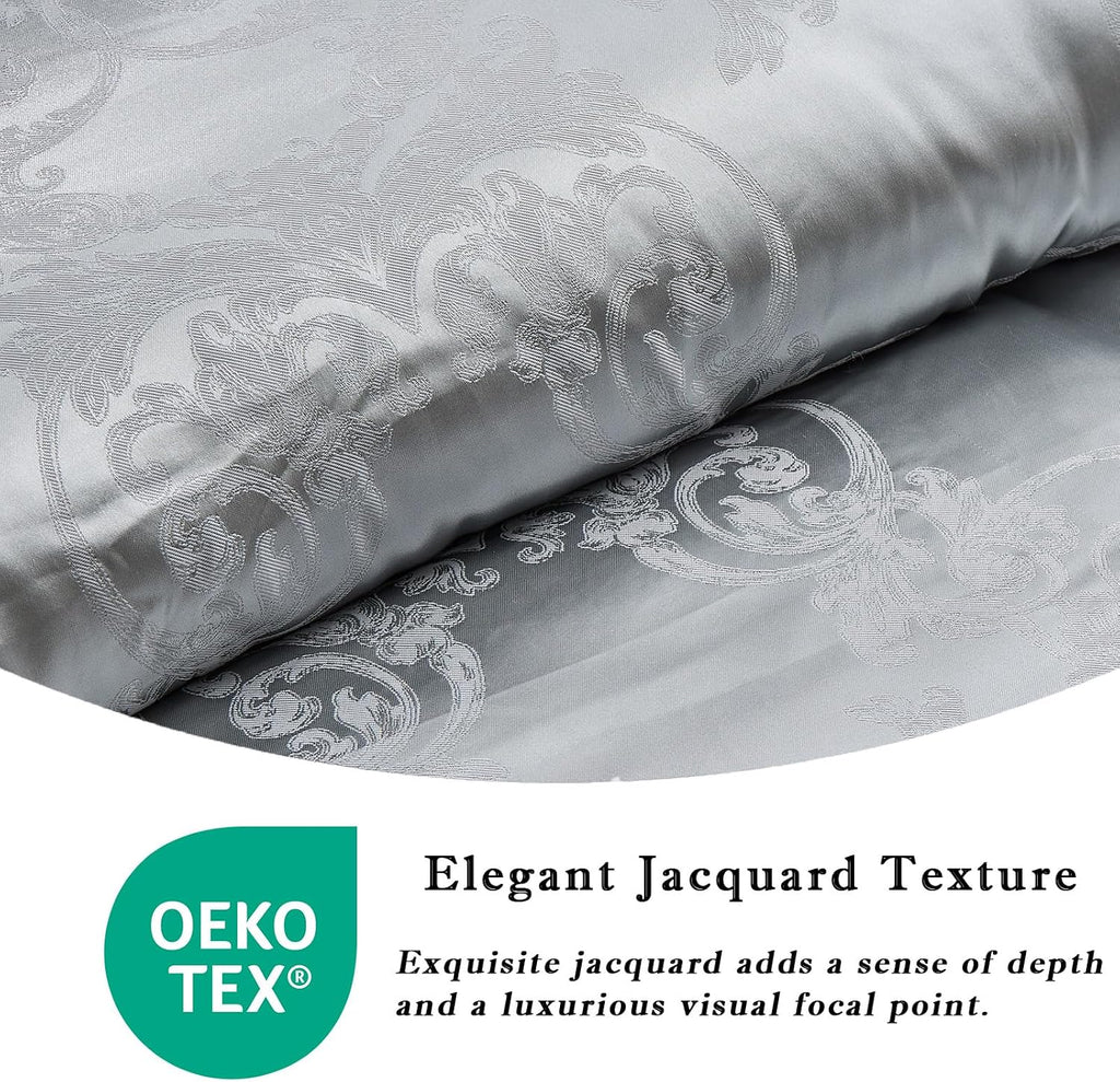 PANGUSHAN 7 Pieces Comforter Set King Size, Luxury Silky Elegant Jacquard Fluffy Reversible Bedding Set with Bed Skirt, Shams and Pillows, Bed in a Bag King, Down Alternative, Silver Gray