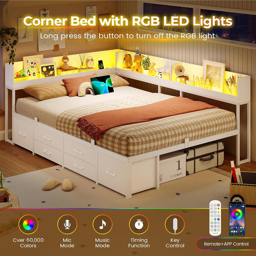 VIAGDO Corner Bed Frame Full with Storage Bookcase and 6 Drawers, Metal Platform Corner Bed Frame with LED Lights and Charging Station, Full Daybed for Kids Teenagers, White