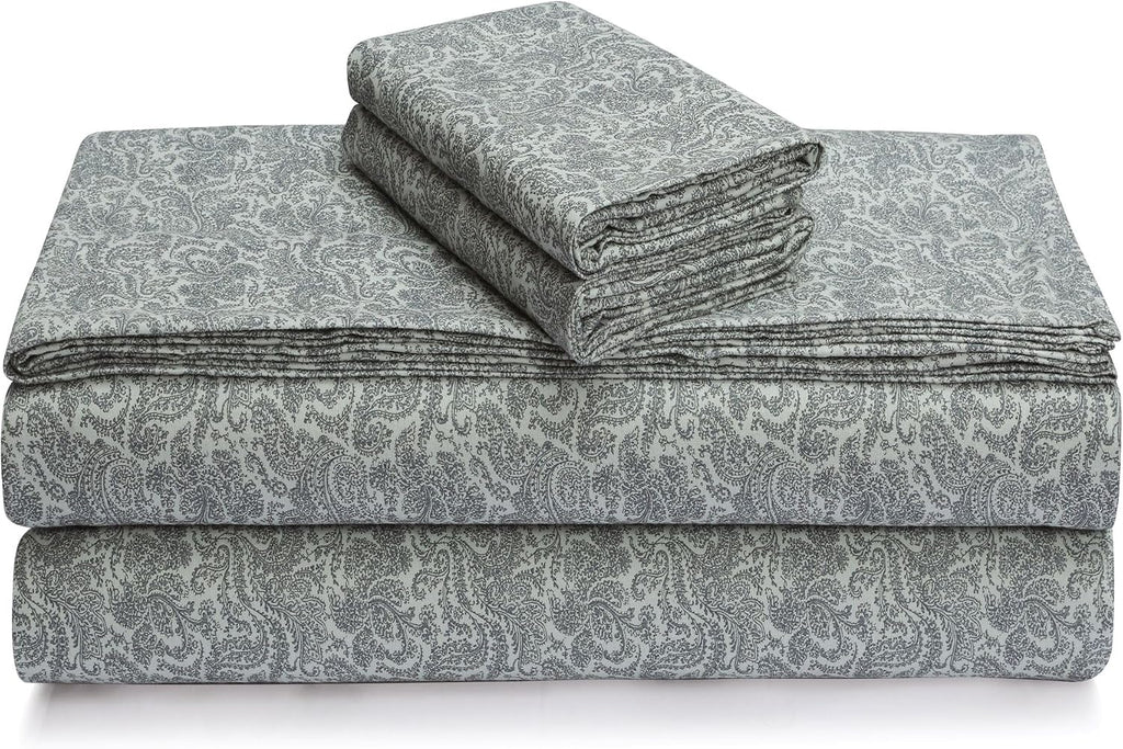 Tribeca Living Portuguese Cotton Flannel Sheets Queen Size - 170-GSM Deep Pocket Bed Sheet Set for Mattresses up to 21 Inches - 4 Piece Ultra-Soft Printed Bedding in Bella Grey