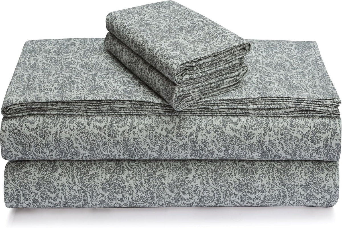 Tribeca Living Portuguese Cotton Flannel Sheets Queen Size - 170-GSM Deep Pocket Bed Sheet Set for Mattresses up to 21 Inches - 4 Piece Ultra-Soft Printed Bedding in Bella Grey