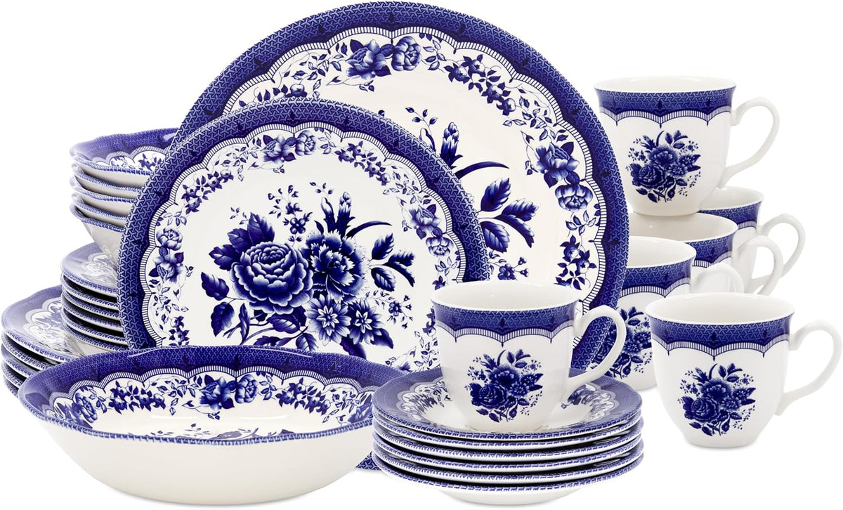 Tudor Royal 30-Piece Porcelain Round Dinnerware Set, Service for 6, Victoria Blue Design, Blue Floral, Plates Bowls Mugs Dishes Saucers, Glossy, Premium Quality Tableware, Unique Pattern