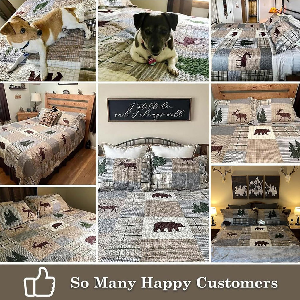 PERHOM Quilt King Size - 100% Cotton Lightweight Cabin Plaid King Quilt Bedding Set, Forest Tree Brown Bear Deer Patchwork Reversible Bedspread/Coverlet/Comforter Set with 2 Shams, 3PCS