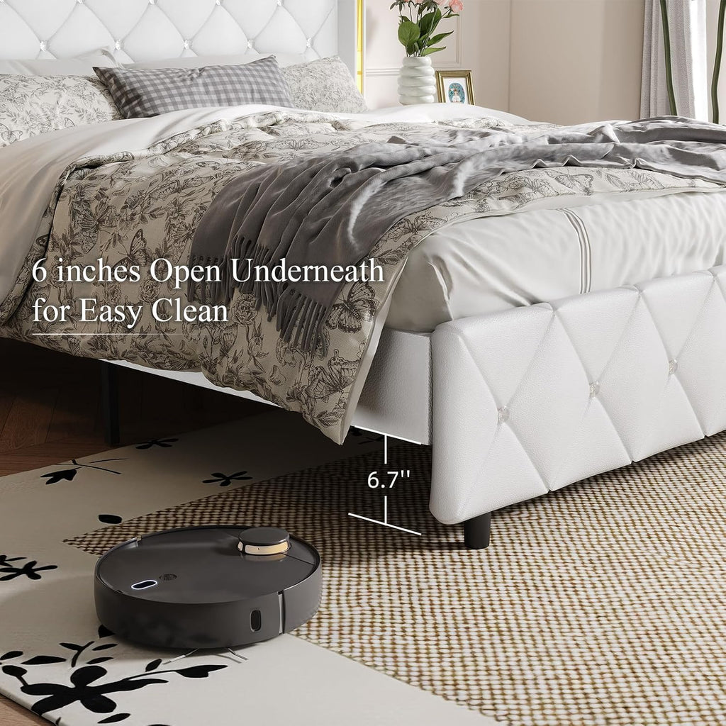 King Size Bed Frame with Headboard, Pu Leather Upholstered Bed Frame King with Diamond Tufted Wingback Headboard, 1000lbs Heavy Duty Support, Gold Metal Edge Accents, No Box Spring Needed, White