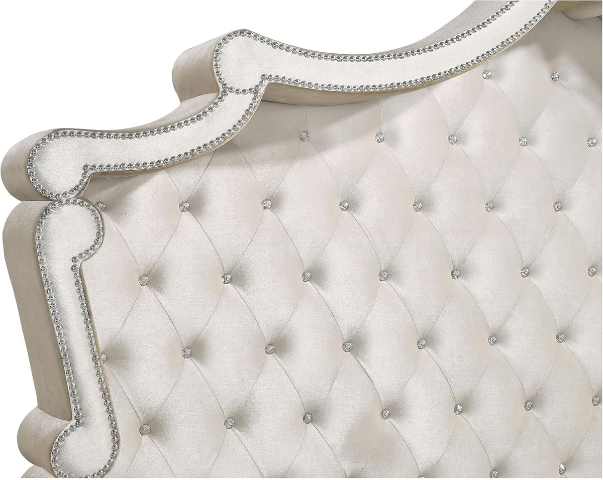Coaster Home Furnishings Antonella Modern Classic 4-Piece Bedroom Set Velvet Upholstered Eastern King Size Panel Bed Frame 79-inch Headboard Ivory and Camel 223521KE-S4