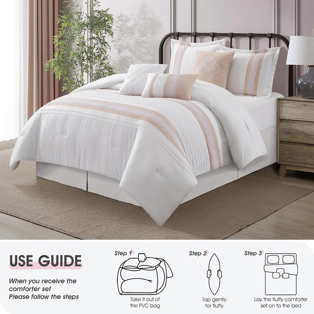 LANCO MODERN LIFESTYLE 7 Piece Comforter Set, Pink White, Queen Size, Boho Style Geometric Microfiber Embroidery, Bed in a Bag with Bedskirt, Pillow Shams and Decor Pillows
