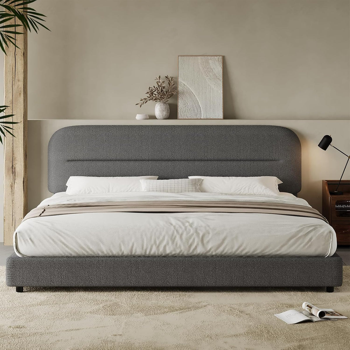 HOMBCK King Size Bed Frame, Boucle Upholstered Bed Frames and Headboard, Soft Bed Frame King with Thickened Footboard, Rounded Corners, No Box Spring Needed, Easy Assembly, Grey