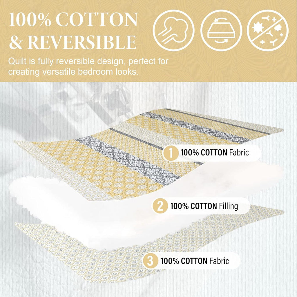 SahSahCasa Quilt King Size, King Quilt Set, 100% Cotton Floral Quilt, King Quilt Bedding Set Bedspreads, Patchwork Reversible Lightweight Comforter Bed Spread for All Season, Yellow/Gray, 3 Pieces