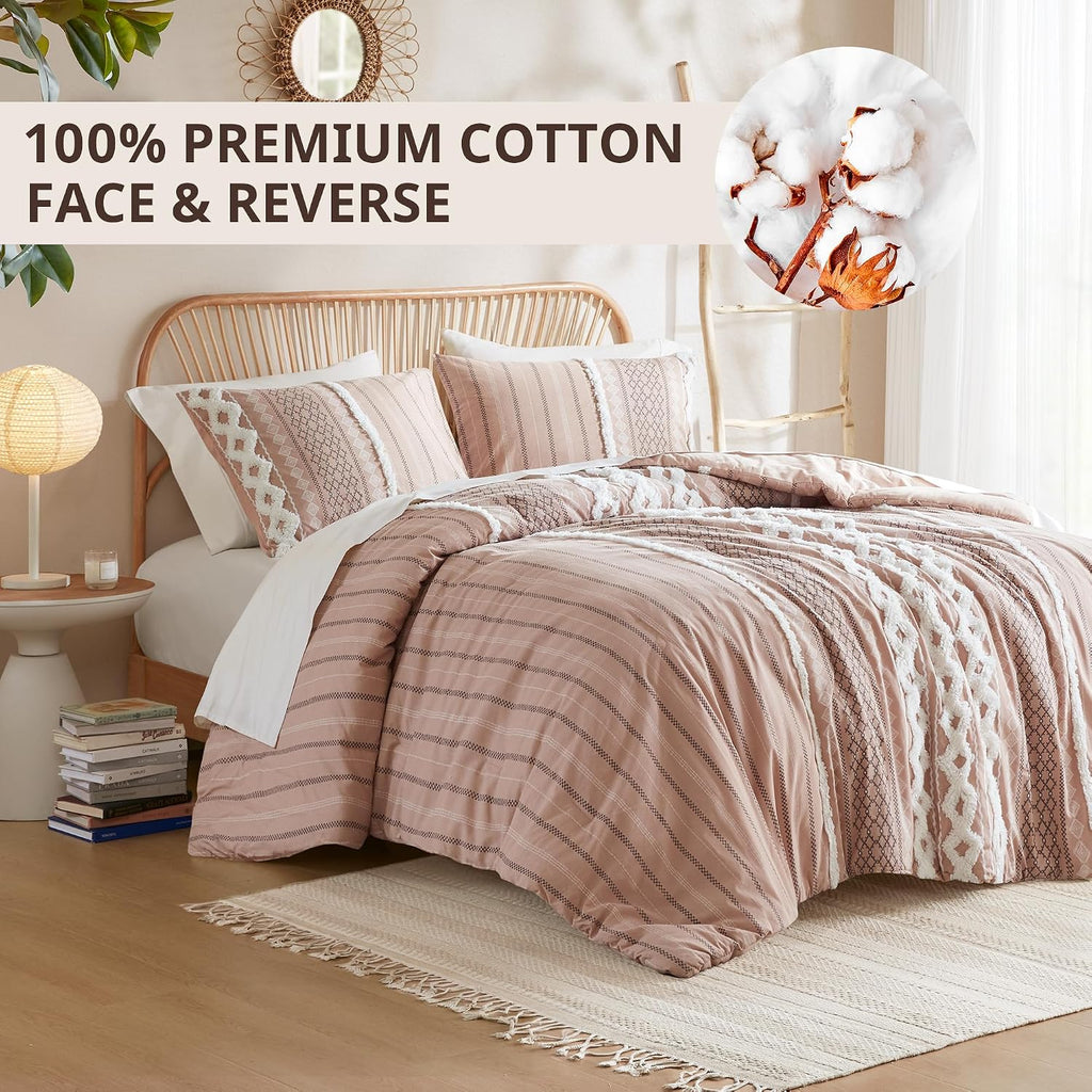 INK+IVY Comforter for Queen Size Bed, Chenille Tufted, Breathable Cotton Comforter Set Queen, All Season Modern Boho Comforter with Farmhouse Bedding Flare, 2 Matching Shams, Queen Blush 3 Piece