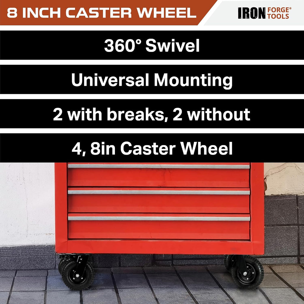 Iron Forge Tools 8 Inch Heavy Duty Swivel Knobby Casters Set of 4, 7-7/8'Diameter, Solid PU Knobby Tread Heavy Duty Caster Wheels, Swiveling Bases, Two Casters with Brakes, Two Without, Black & Red