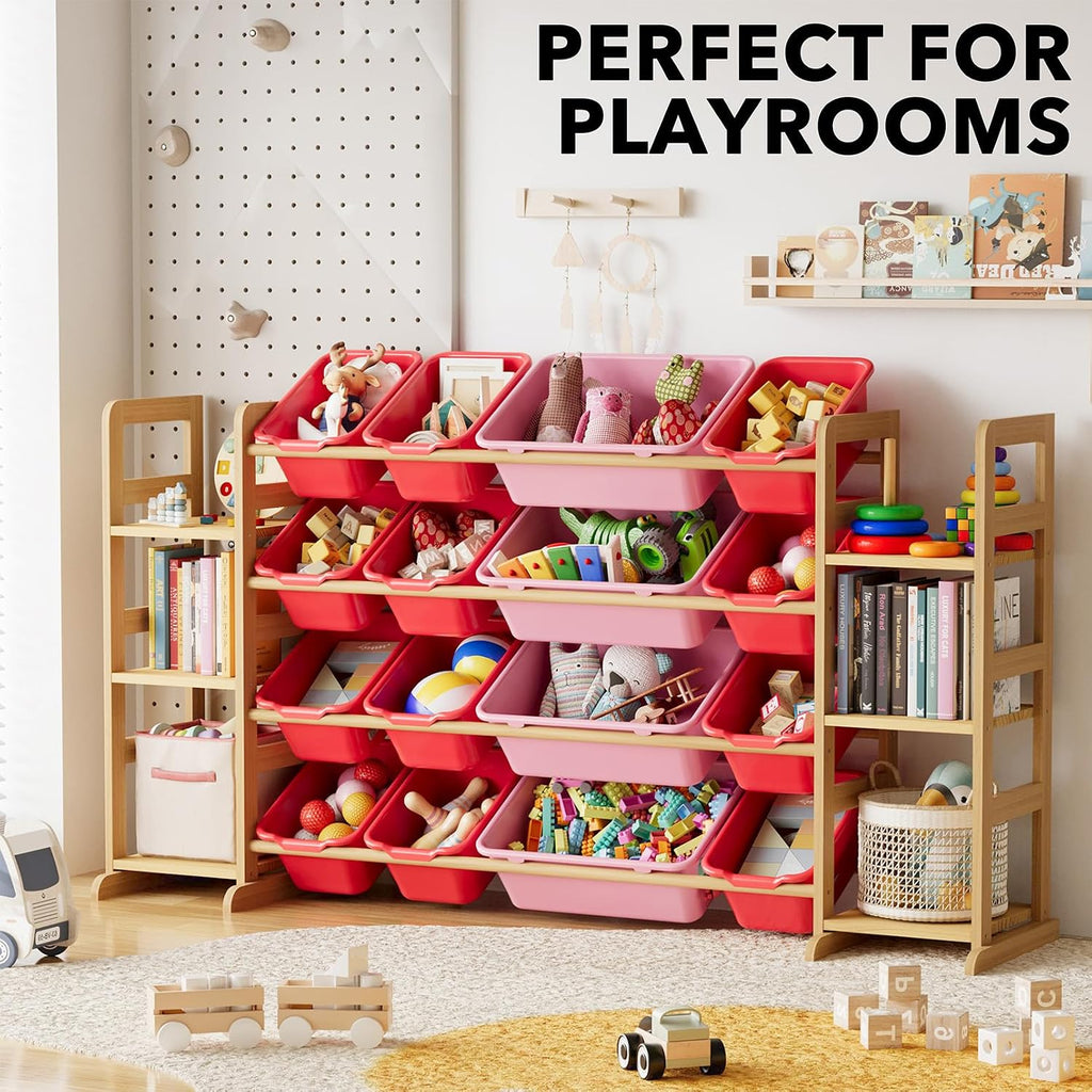 SpaceAid Toy Storage Organizer with 6 Shelves and 16 Bins, Toy Organizers Storage Bookshelf, Kids Bin Shelf Toys Box Bookcase for Bedroom Playroom Organization Room Decor, Red and Pink