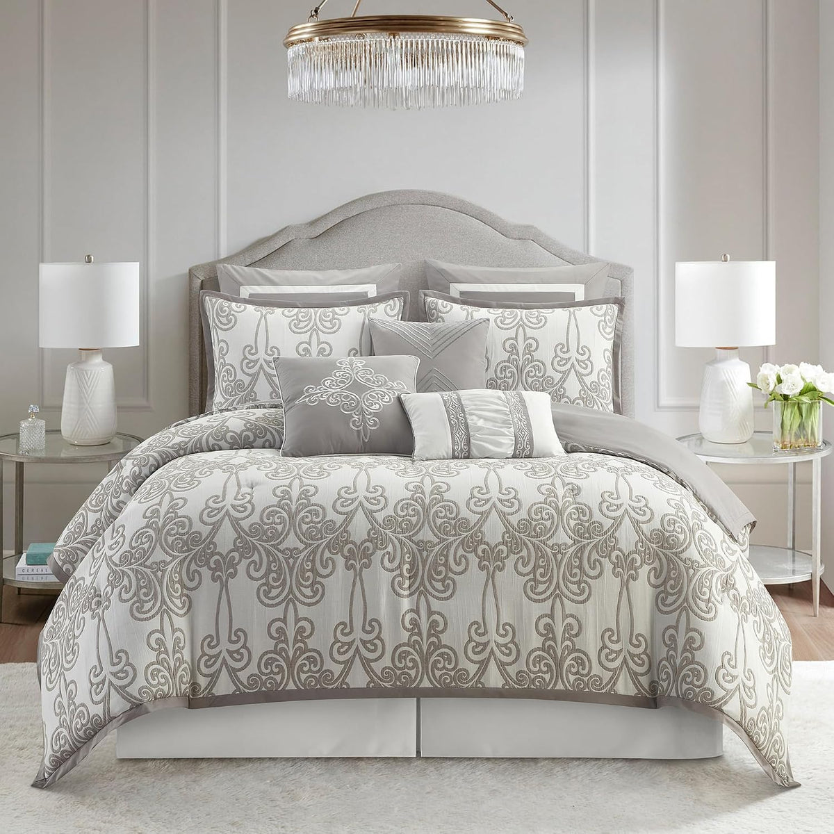 Stratford Park Smoke Grey Comforter Set King Size, 9 Piece Jacquard Floral Bedding Set, All Season, Ultra-Soft, Matching Pillows & Shams, Bed Skirt