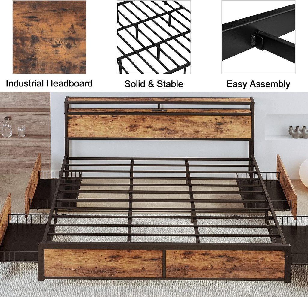 LIKIMIO King Size Bed Frame with 4 Storage Drawers, 2-Tier Storage Headboard with Charging Station, Double Bed Frame King Size for Bedroom, No Box Spring Needed, Easy Assembly, Vintage Brown