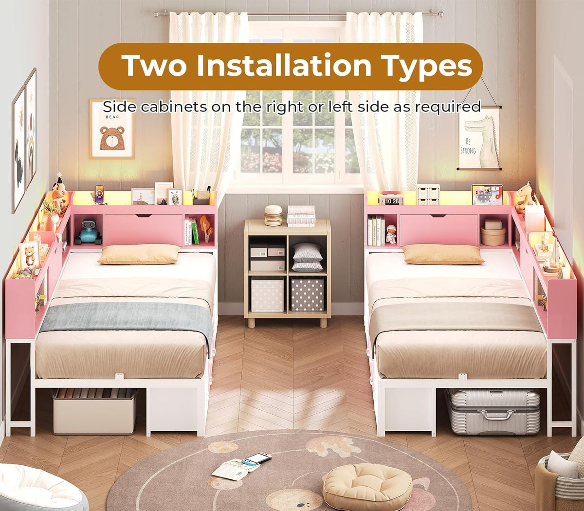 AOGLLATI Twin Corner Bed Frame with Bookcase and Hidden Storage & Metal Platform Twin Size Daybed with 6 Drawers,Charging Station, Led Lights- for Kids, Teens, Pink