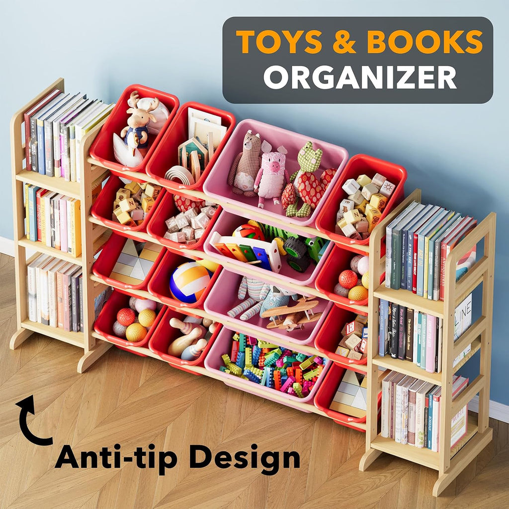 SpaceAid Toy Storage Organizer with 6 Shelves and 16 Bins, Toy Organizers Storage Bookshelf, Kids Bin Shelf Toys Box Bookcase for Bedroom Playroom Organization Room Decor, Red and Pink