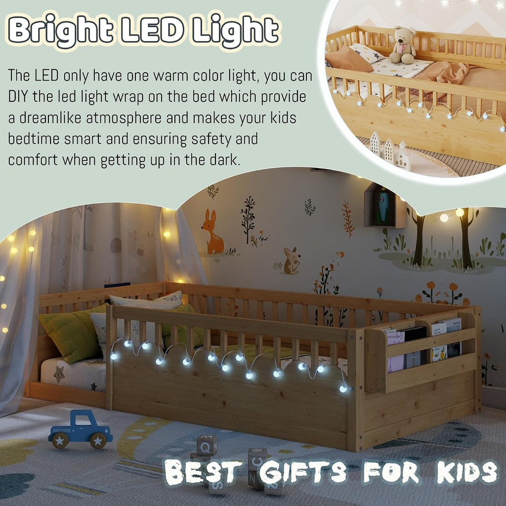 Montessori Floor Bed with High Rails,Twin Size Floor Bed Frame for Kids, LED Lights & Storage Shelf, Safe & Wider Opening Gate Design, Playground & Sleep Space for Girls Boys,Natural